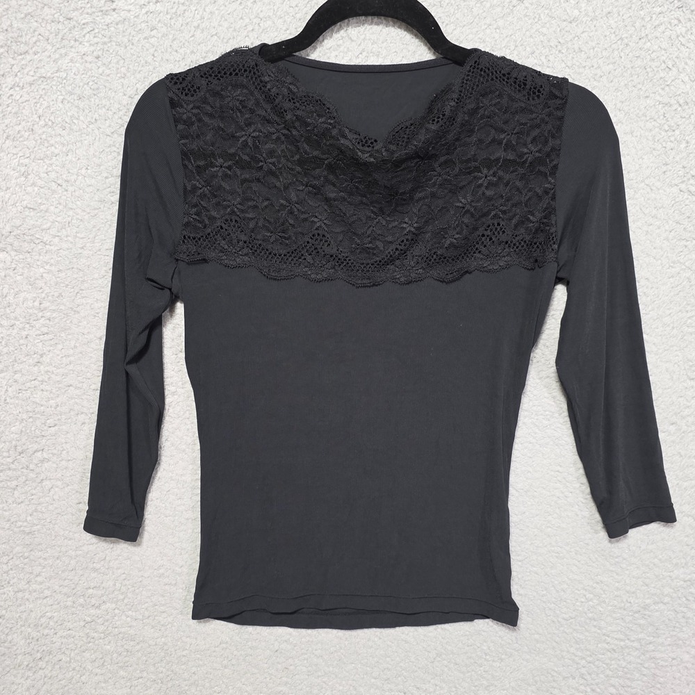 Donna Karan‎ Intimates Women's Black Lace Front Stretch Top Medium Long Sleeve